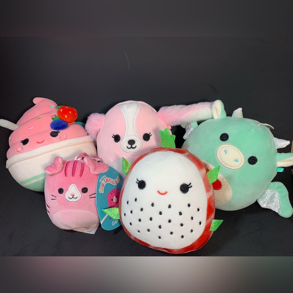Squishmallows Lot of 5 Plush Geraldine Clip, Dragonfruit, Angelica Frozen Yogurt